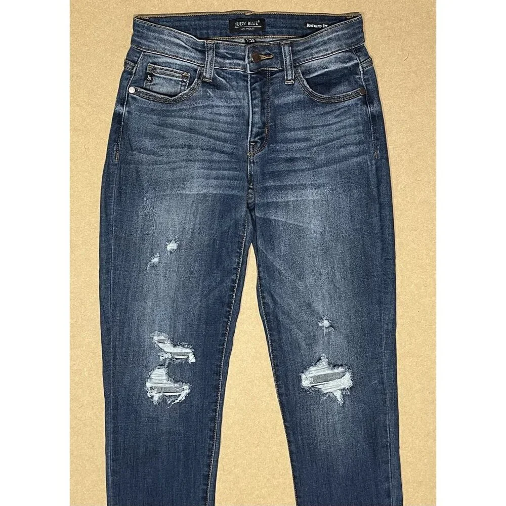 Judy Blue Women 1/25 Boyfriend Jeans Blue Relaxed Distressed Stretch Zipper - Picture 12 of 13